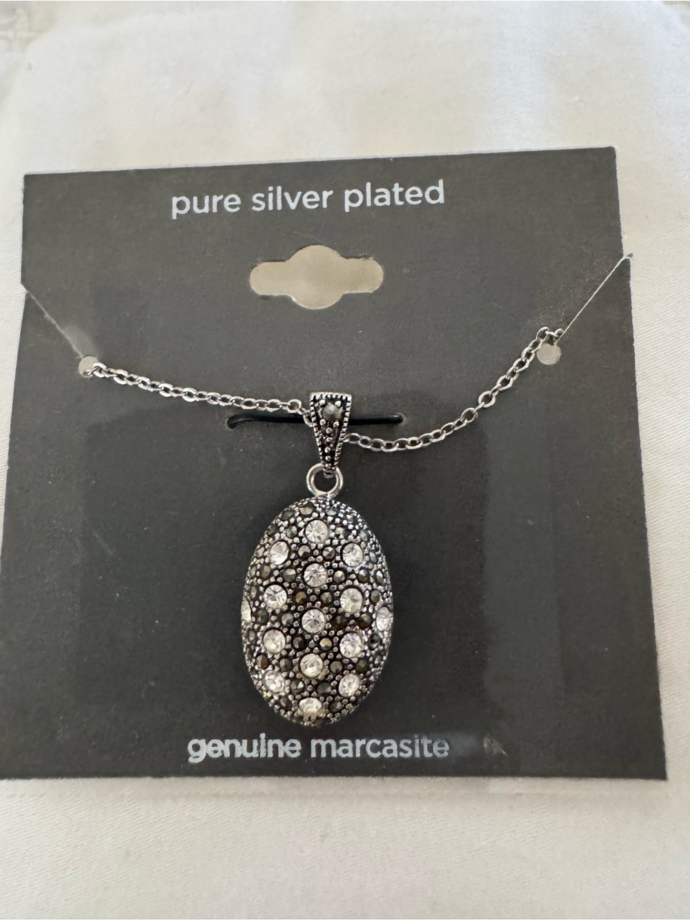 Vintage Silver Marcasite Oval Pendant Necklace - Pure Silver Plated $42